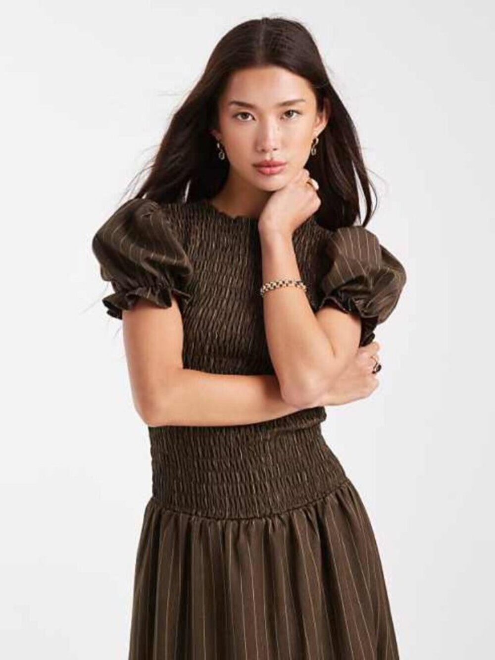 Brown Smocked Maxi Dress with Puff Sleeves